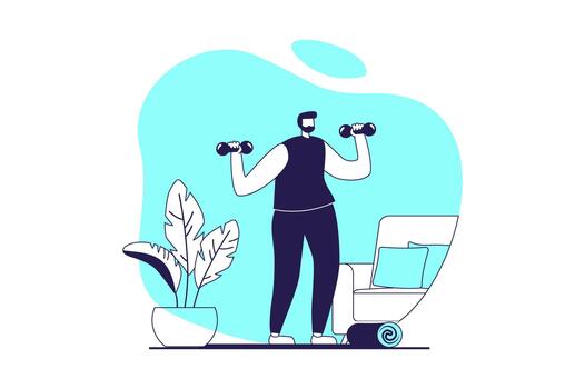 aptitud a gimnasio web concepto con plano personas para sitio web diseño. hombre formación con pesas a hogar, haciendo ejercicios con fuerza programa, culturismo y bombeo músculos. ilustración. vector