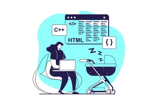 Freelance working web concept with flat people for website design. Woman programming and coding, young mother doing tasks online from laptop from home with newborn baby distantly. illustration. vector