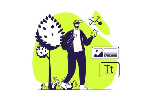 Freelance working web concept with flat people for website design. Man answering client emails, doing tasks and managing project online from mobile phone while walking in park. illustration. vector
