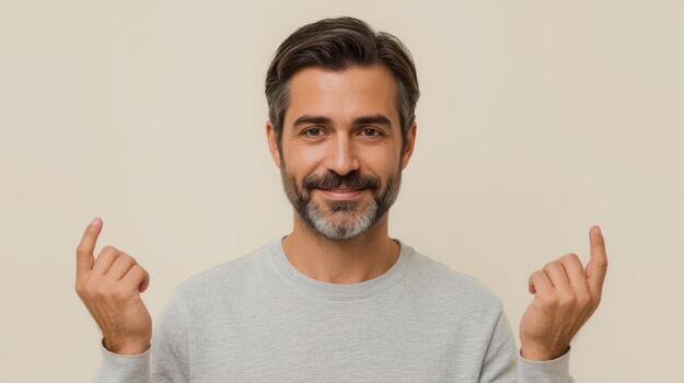 A man with a beard and grey sweater is making a gesture with his hands photo