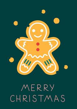 A cheerful gingerbread man with a smiling face, decorated with red buttons and green icing. The background features a festive design with snowflakes and holiday greetings. vector