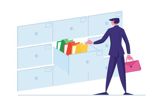 Office Clerk Character Searching for Files Into Filing Cabinet Drawer, Business Administration and Data Storage Concept. Businessman Take Documents in Archive Storage. Cartoon Illustration vector