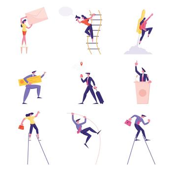 Set of Business People Characters Walking on Stilts, Jumping with Pole, Using Gps Mobile Application, Speaking on Tribune and Carry Envelope Isolated on White Background. Cartoon Illustration vector