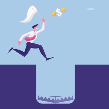 empresario en formal traje atrapando volador dólar con red postergación agujero con trampa en abajo. descuidado negocio hombre personaje problema ignorancia, buscando solución. dibujos animados plano ilustración vector