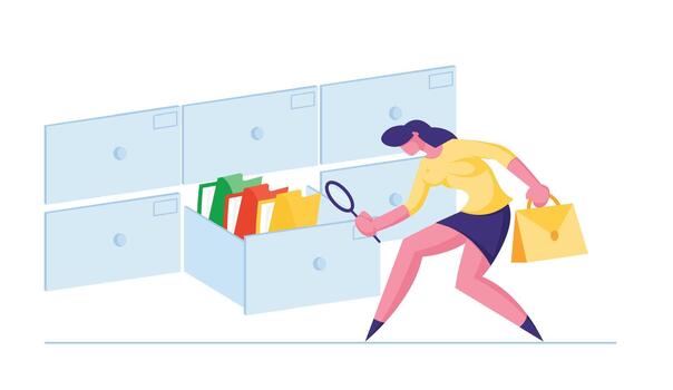 Office Employee Character Searching File in Cabinet Drawer with Magnifying Glass. Business Data Administration Concept. Businesswoman Look for Documents in Archive Storage. Cartoon Illustration vector