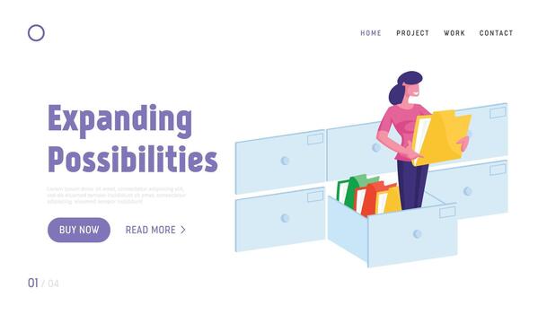Document Management System, Information Database Catalog Landing Page Template. Business Woman Character Stand at Huge Data File Archive Storage Holding Folder with Docs. Cartoon Illustration vector