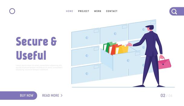 Businessman Look for Documents in Archive Storage Concept for Landing Page Template. Office Clerk Character Searching Files in Cabinet Drawer. Business Data Administration. Cartoon Illustration vector