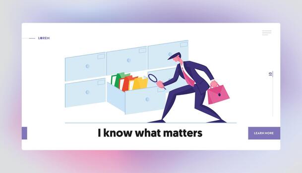 Business Data Administration Landing Page Template. Businessman Look Docs in Archive Storage. Office Clerk Character Search File in Cabinet Drawer with Magnifying Glass. Cartoon Illustration vector