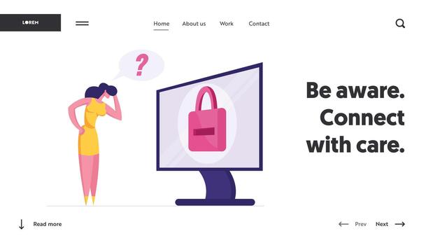 Web Security Landing Page Template. Business Woman Character Stand at Huge Desktop with Padlock on Screen Trying to Remember Password Identification Account Information. Cartoon Illustration vector