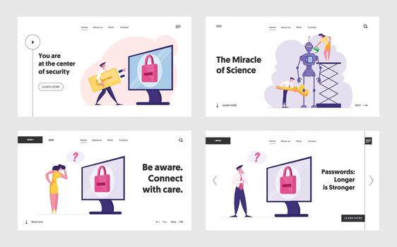 Internet Account Protection, Web Security, Robotics Technology Landing Page Template Set. Business People Enter Password in Private Online Profile. Characters Set Up Robot. Cartoon Illustration vector