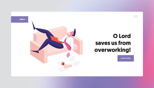 Procrastination, Overwork Burnout Symptoms Landing Page Template. Lazy, Boring or Tired Businessman Character with Low Energy Power Sleeping at Working Place on Couch. Cartoon Illustration vector