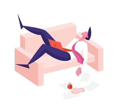 Procrastination, Overwork Burnout Symptoms Concept. Lazy, Boring or Tired Businessman Character with Low Energy Sleep at Working Place on Couch with Scattered Documents. Cartoon Illustration vector