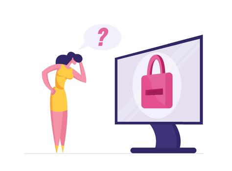 Business Woman Character Stand at Huge Desktop with Padlock on Screen Trying to Remember Password Identification Information for Internet Profile or Account, Web Security. Cartoon Illustration vector