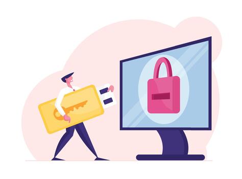 negocio hombre personaje con enorme electrónico llave estar a computadora escritorio con candado en pantalla. masculino personaje usuario entrar cuenta contraseña, dos factores autenticación. dibujos animados ilustración vector