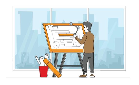 Building and Engineering Profession, Occupation or Job Concept. Man Architect and Construction Engineer Character Working on Architecture Project Painting Plan on Blueprint. Linear Illustration vector