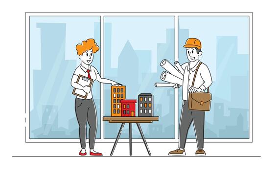 arquitecto mujer o ingeniero personaje presentación modelo de casa burlarse de arriba a capataz. edificio y Ingenieria construcción. metrópoli arquitectura diseño proyección. lineal personas ilustración vector