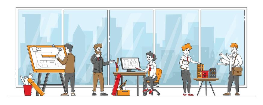 Architects Building and Engineering Construction Works. Engineer Characters Working on Project Painting Plan on Blueprint and Presenting Model of House Mock Up for Customer. Linear Illustration vector