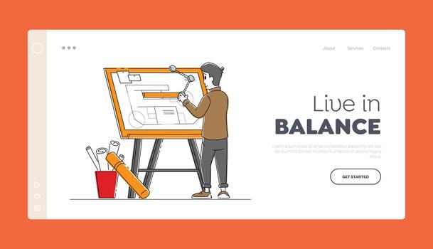 Building and Engineering Profession, Occupation or Job Landing Page Template. Man Architect Character Working on Architecture Project Painting Plan of House on Blueprint. Linear Illustration vector