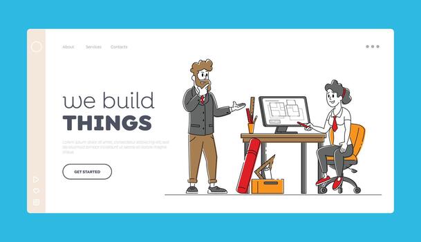 Architects Characters Working in Office on Building Plan Landing Page Template. Designers Create House Project in Design Studio or Engineer Room, Artist Workspace. Linear People Illustration vector