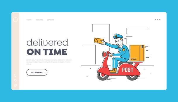 Postman Shipping Parcel and Mail by Scooter Landing Page Template. Courier Man Hold Envelop in Hand. Mailman Character Delivering Post on Moped. Express Delivery Service. Linear Illustration vector