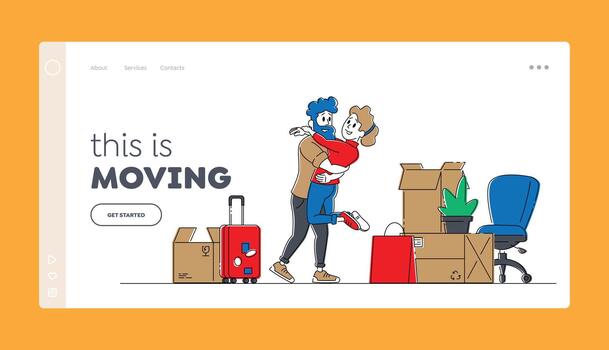Pair Relocation and Moving to New House Landing Page Template. Young Loving Couple Characters Hugging and Dancing in New Home with Unpacked Cardboard Boxes around. Linear People Illustration vector
