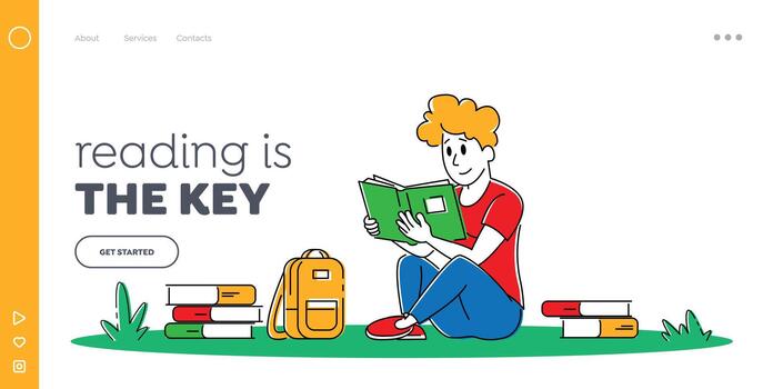 Higher Education and Gaining Knowledge Landing Page Template. Young Man Student Character Sitting with Books Learning Homework Prepare to Exams in University or College. Linear Illustration vector