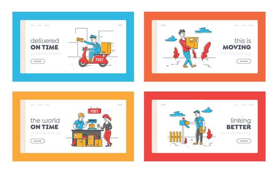 Post Office Workers and Clients Characters Landing Page Template Set. People Receiving and Sending Mail, Postman Weigh and Deliver Packages to Customers, Mailman on Scooter. Linear Illustration vector