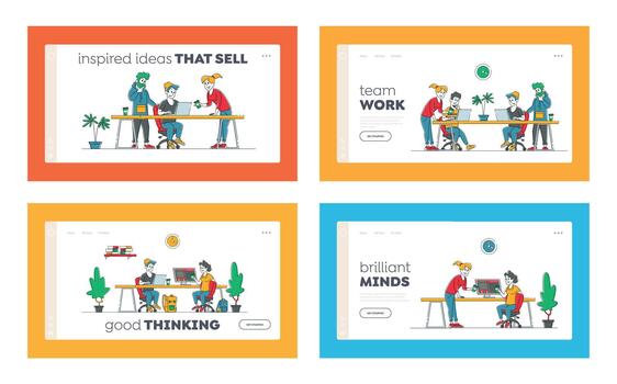 equipo proyecto desarrollo, trabajo en equipo proceso aterrizaje página modelo colocar. negocio personas caracteres que se discute idea en oficina creativo empleados trabajo en ordenador portátil y comunicar. lineal ilustración vector