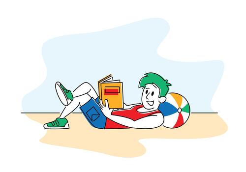 Reading Books Hobby. Young Man Lying on Floor at Home or Beach with Ball under Head Read Interesting Book. Deep Immersion to Fantasy World, Male Character Bookworm Reader. Linear Illustration vector