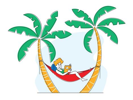turista masculino personaje relajante en exótico recurso acostado en hamaca colgando a palma arboles y leyendo interesante libro. recreación de repuesto tiempo, pasatiempo y ocio concepto. lineal ilustración vector