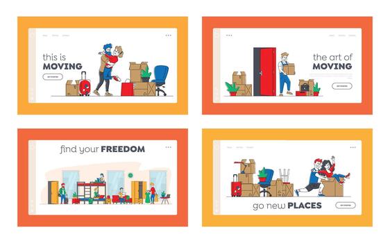Young People Relocation and Moving to New House Landing Page Template Set. Family Couple Characters Fooling, Hugging and Dancing in New Home with Unpacked Boxes. Linear People Illustration vector