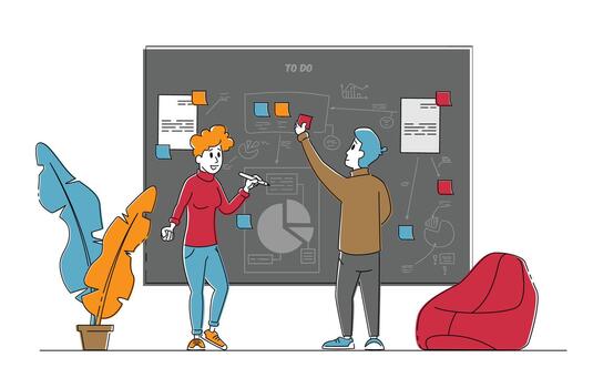 Business People Characters Put Stick Notes and Painting Graphs on Scrum Board Create Task Strategy of Project Management. Agile Software Development and Kanban Technology. Linear Illustration vector