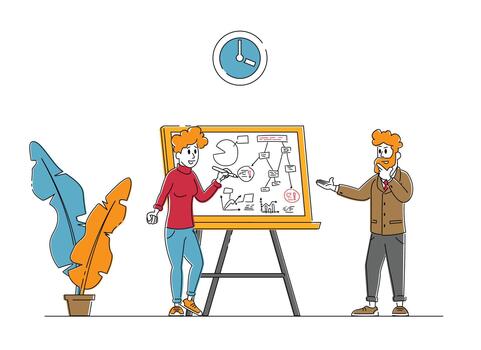 Agile Development Methodology Concept. Thoughtful Business People Characters Developing Project Using Agile Technology and Scrum Board. Businesspeople Strategic Planning. Linear Illustration vector