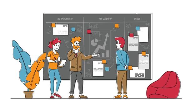 Teamwork on Project Using Agile Development Technology. Business People Characters Discussing with Colleague Strategic Planning of Business Processes at Scrum Task Board. Linear Illustration vector