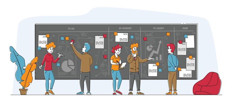 Agile Development Software Methodology Concept. People Characters Sticking Papers on Scrum Task Board Organizer. Planning and Analyzing Working Process, Team Work Lifecycle. Linear Illustration vector