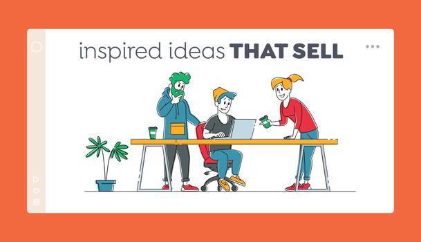 Creative Teamwork Process in Office Landing Page Template. Business People Characters Discussing Work Idea with Colleagues Team. Project Development, Teamworking Brainstorm. Linear Illustration vector