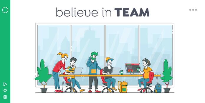 Business People Characters Discussing Idea in Office Landing Page Template. Team Project Development, Teamwork Process. Creative Employees Working on Laptop and Communicate. Linear Illustration vector