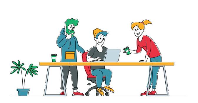 creativo trabajo en equipo proceso en oficina concepto. negocio personas caracteres estar a escritorio con ordenador personal que se discute trabajo idea con colegas equipo. proyecto desarrollo, trabajo en equipo. lineal ilustración vector