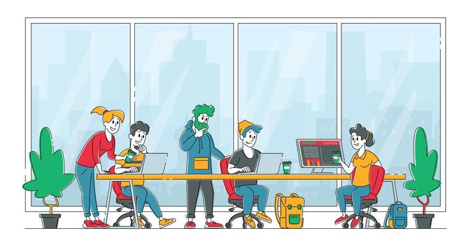 Business People Characters Sitting at Desk Discussing Idea in Office. Team Project Development, Teamwork Process. Creative Employees Working on Laptops and Communicate. Linear Illustration vector