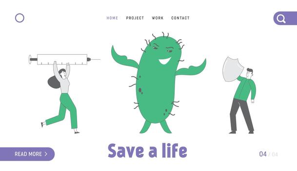 Epidemic Disease and Vaccination Landing Page Template. Huge Green Microbe Character Fighting with People Attacking with Syringe and Protecting with Shield from Bacterium. Linear Illustration vector
