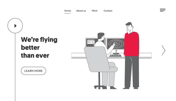 Aircraft Profession, Aviation Workers Characters Landing Page Template. Air Controller Pointing on Radar with Red Indicators Explain Working Situation to Boss. Linear People Illustration vector