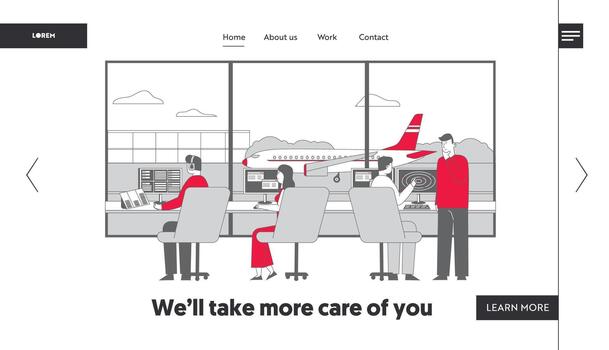 Air Controller Team Working with Plane on Runway Landing Page Template. Characters Wearing Headset Sitting in Special Area with Radar and Monitors Control Airplanes. Linear People Illustration vector