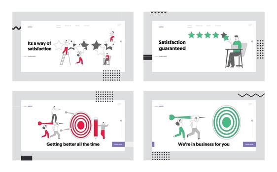 Internet Service Rating, Ranking and Clients Feedback, Business Targeting Landing Page Template Set. Business People Characters Playing Darts, Challenge, Task Solution. Linear Illustration vector
