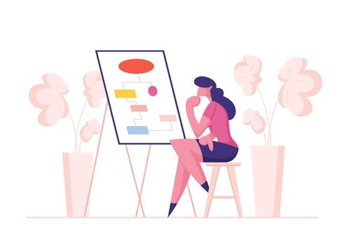 Business Process and Workflow Algorithm Concept. Businesswoman Character Drawing and Studying Flowcharts on Chalkboard to Realize Interconnection of Individual Elements . Cartoon Illustration vector