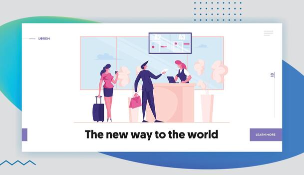 Passengers Characters in Queue Prepare Documents for Flight Registration in Airport Landing Page Template. Check in Boarding with Staff and Departure Information. Cartoon People Illustration vector
