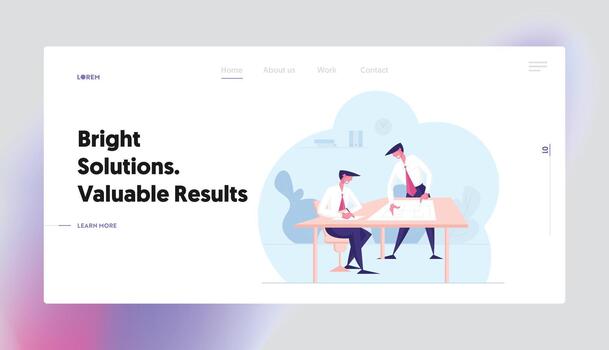 negocio personas caracteres discutir proyecto en oficina aterrizaje página modelo. empresa trabajo en equipo colaboración. flujo de trabajo proceso gestión, datos análisis, idea desarrollo. dibujos animados ilustración vector