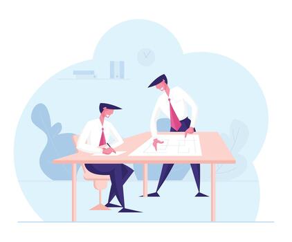 Business People Characters Discuss Project in Office . Company Teamwork Brainstorm Collaboration in Office. Workflow Process Management, Data Analysis, Idea Development . Cartoon Illustration vector