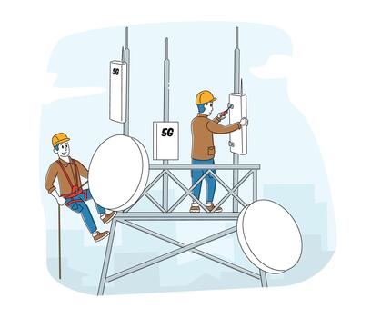 Workers Character Wearing Uniform and Hard Hats Installing Equipment for 5G Internet on Transmission Telecommunication Tower. High-speed Communication Technologies. Linear People Illustration vector