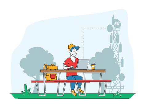Young Man Character Sitting on Bench with Laptop on Desk at Transmission Telecommunication Tower Communicating Online Using High-speed 5G Internet. Social Media Networking. Linear Illustration vector
