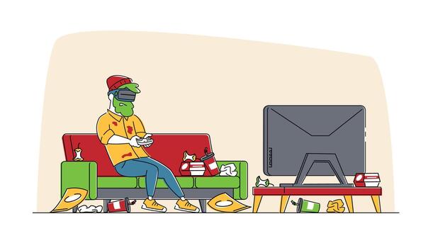 Gaming Addiction, Virtual Reality Simulation Hobby. Man Gamer Character Playing Game in VR Goggles with Messy Garbage around. Future Technology Entertainment Industry. Linear Illustration vector